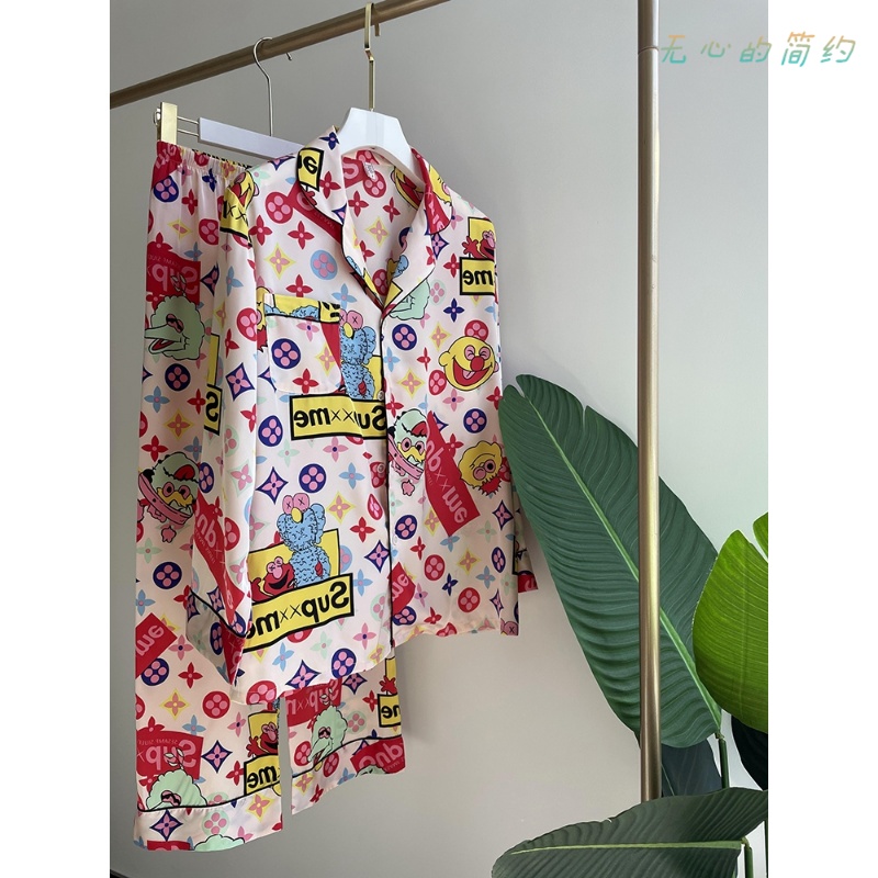 Net Red Popcorn Pajamas 2021 New Ladies Ins Ice Silk Slim Cartoon Suit Silk Casual Home Wear