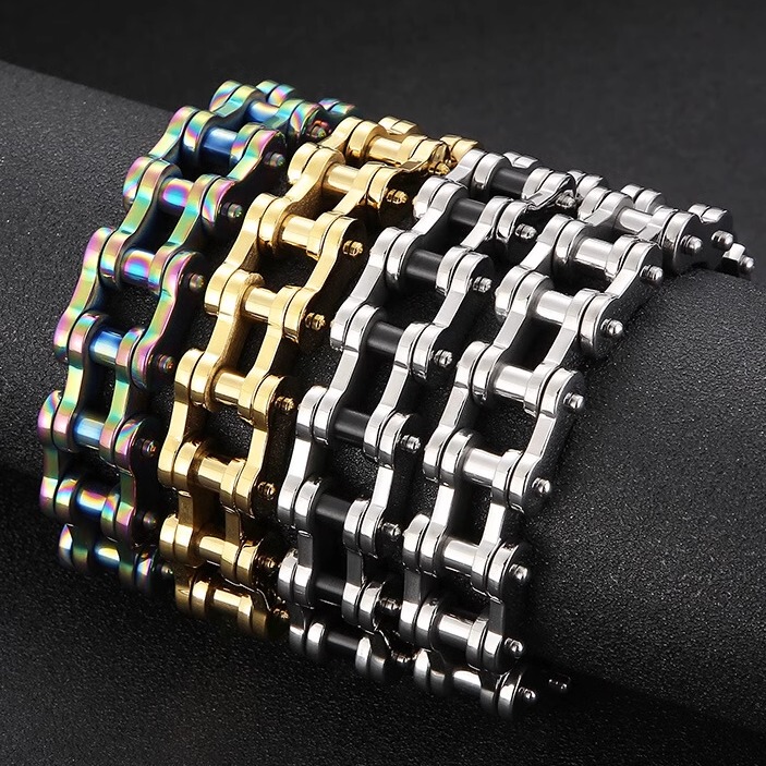 Hip-Hop Rock Width 18mm European and American Men's Motorcycle Chain Bracelet Personalized Titanium Steel Men's Bicycle Chain Domineering Jewelry