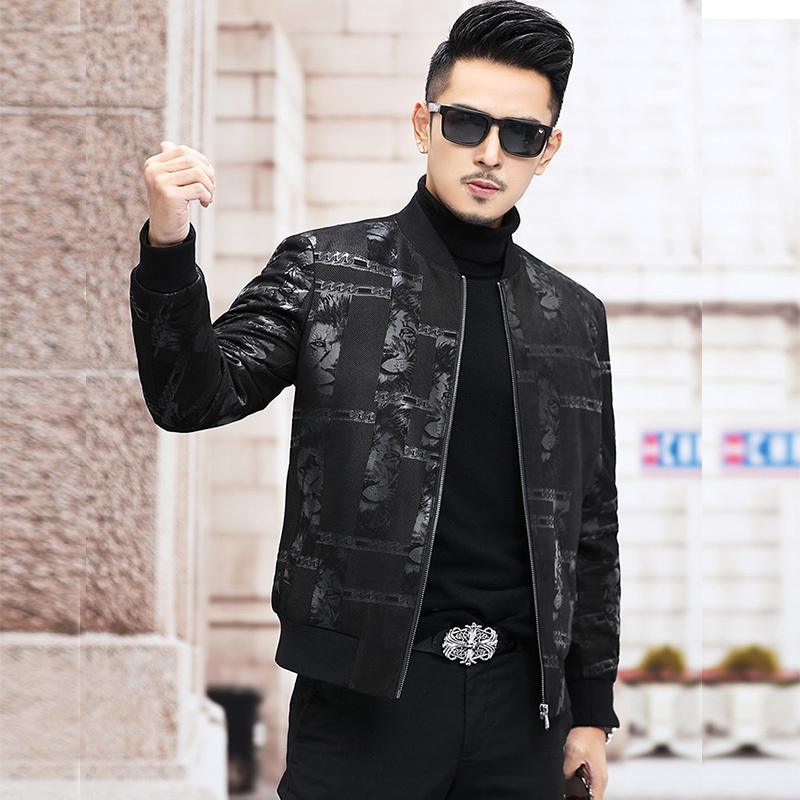 New Haining Genuine Leather Men's Sheepskin Printed Baseball Jacket Slim Fit Stylish and Handsome Biker Jacket