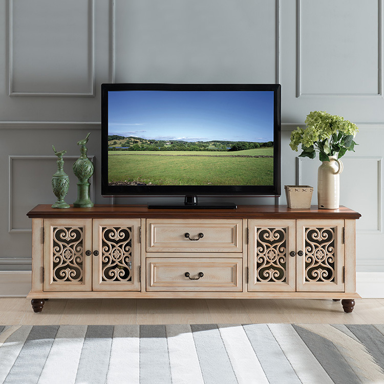 European-style Solid Wood TV Cabinet American Countryside Audiovisual Cabinet Ground Cabinet Hollowed-out Carved Flower Retro 1 8 m Long Guest Hall Furniture-Taobao