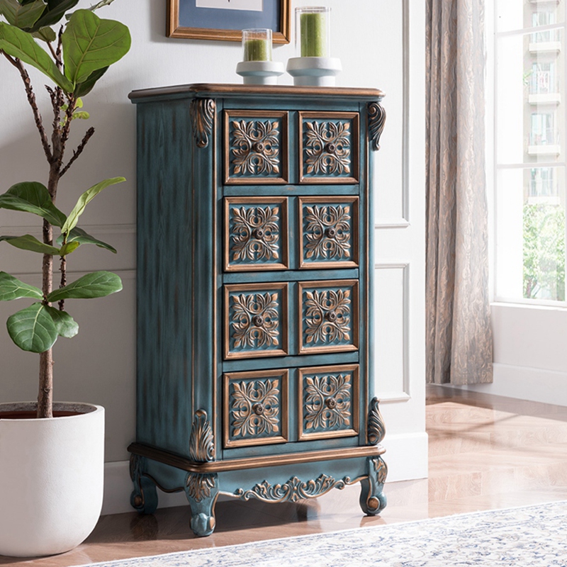 European-style chest of drawers, American-style bedside table, Chinese-style porch cabinet, solid wood storage cabinet, drawer-style finishing cabinet, carved patterns