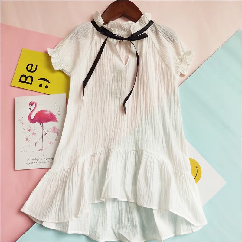 Mùa hè mới quần áo trẻ em gái trẻ em áo sơ mi trắng đen váy sơ mi tay ngắn mềm 0394 - Áo sơ mi quần áo trẻ em 10 tuổi