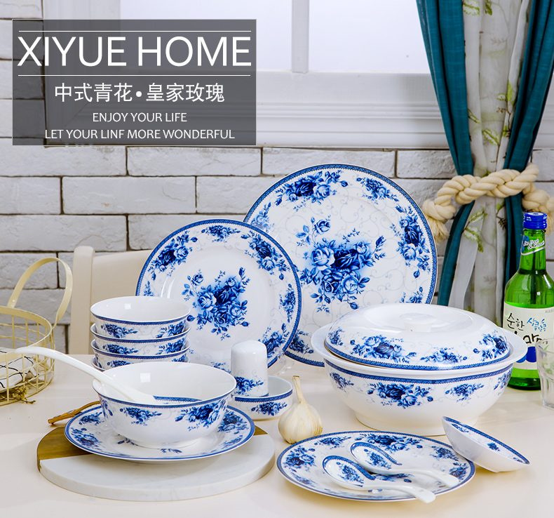 Xi make jingdezhen blue and white porcelain tableware suit dishes Chinese ipads bowls disc suit real roses
