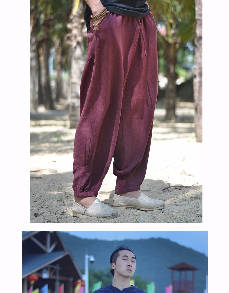 Gốc Trung Quốc phong cách mùa hè của nam giới quần linen loose feet quần cây ra hoa retro treo tập tin quần tây giản dị nam