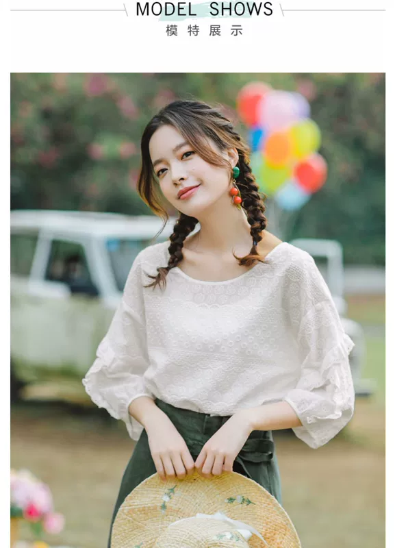 Inman flagship shop 2019 hè mới họa tiết rỗng cổ rỗng bông nguyên chất bên đèn lồng tay áo sơ mi nữ - Áo sơ mi áo sơ mi nữ cổ trụ