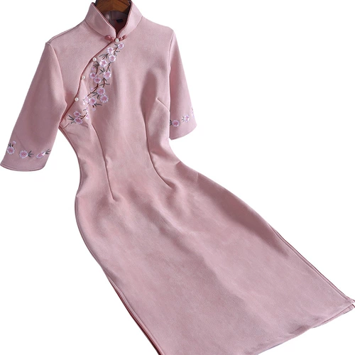 Демисезонное ципао, ретро легкое платье с рукавами, 2020 года, светлый стиль, с вышивкой