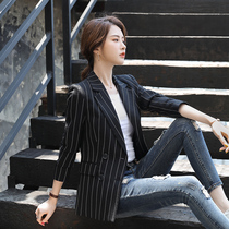 Black blazer womens 2021 spring and autumn Korean version of loose stripes Net red fried Street Leisure Harbor wind small suit jacket