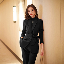 Small suit suit female Korean spring and autumn temperament professional wear fashion design sense waist lace black suit jacket