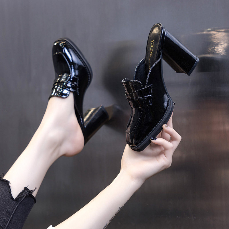 Sandals and slippers women's fashion outer wear thick heels 2022 new summer 2021 spring and autumn square toe Baotou half drag high-heeled shoes