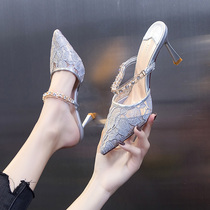 Half slippers women 2021 new autumn fashion outside wear Joker fine heel pointed rhinestone bag head cool high heel shoes