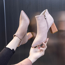 High heels children 2021 New Autumn Spring and Autumn Joker heels with middle heel pointed Martin short boots nude tide