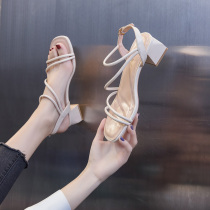 Sandals female 2021 new summer fashion outside wear Joker thick heel with a word with fat feet wide mother heels