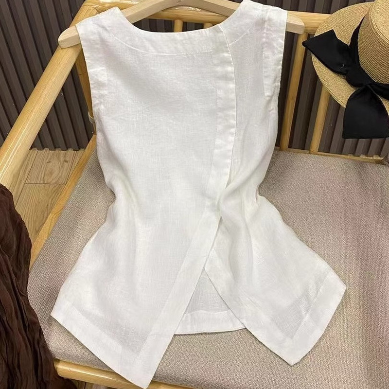 Outlet Foreign Trade Women's Clothing French Linen Tank Top with Back Slit Shirt Niche Design Versatile Sleeveless Top
