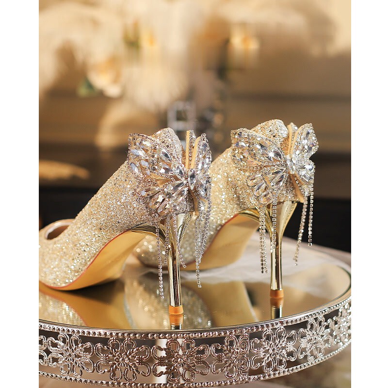 2026 Spring and Autumn New Bowknot Crystal High Heels for Women, Comfortable Champagne Color Wedding Shoes, Bridal Shoes, Main Wedding Dress Shoes