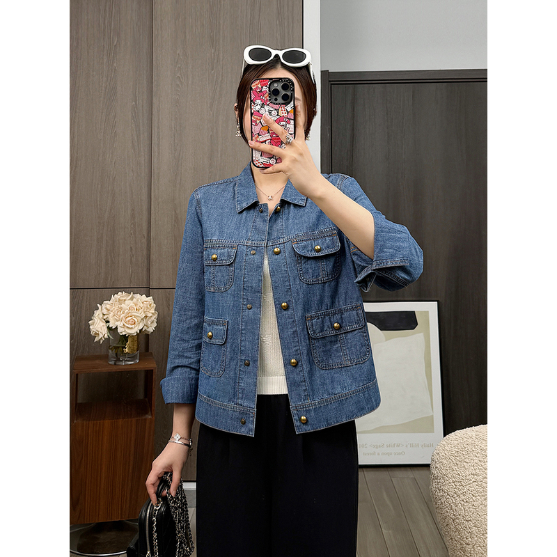 Jinshanshan Heavy Industry Stitching Light Oxygen Cotton Soft Gold Button Denim Jacket