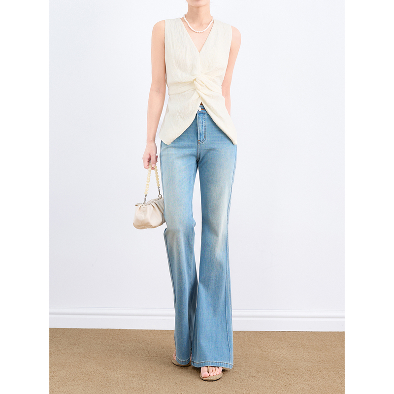 Lassen【Supermodel Long Legs】Light Blue Tencel Denim Flared Pants Women's New Slim Fit Versatile Stretch Micro-Flared Pants