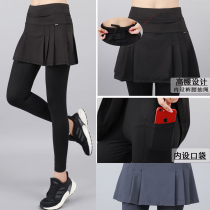 Quick-drying sports short skirt womens spring and autumn nine-point leggings skirt one-piece fake two-piece badminton high waist fitness yoga