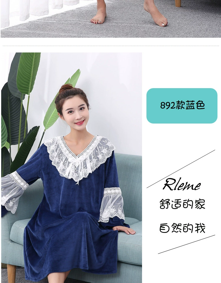 Phiên bản Hàn Quốc của tòa án ren đôi đồ ngủ nhung nữ XL váy ngủ mùa đông dài bà bầu lỏng áo choàng áo choàng mùa đông