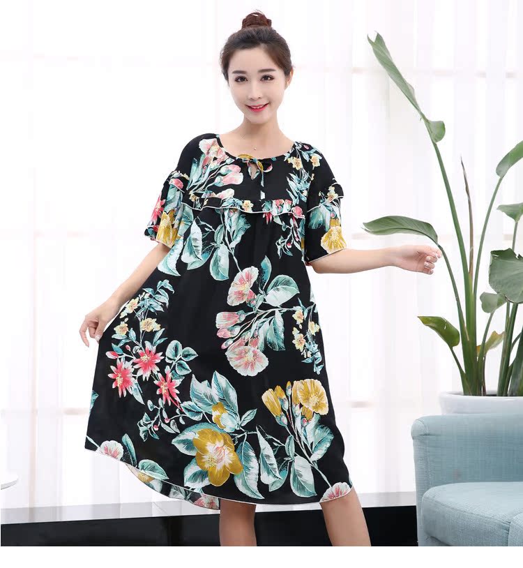 Mùa hè siêu mỏng ngắn tay cotton lụa rayon nightdress phụ nữ mang thai loose slimming MM tối thêm kích thước lớn 200 kg nữ