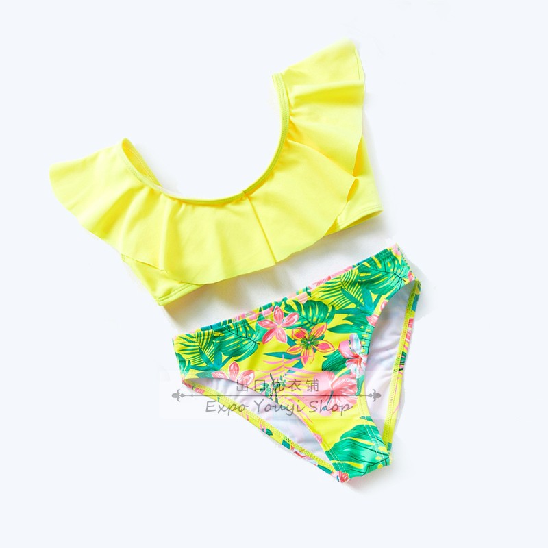 (Conspicuous bright yellow) 5-14-year-old girls' split hot spring swimsuit with flying sleeves and tooth-edge color-printed flower pants