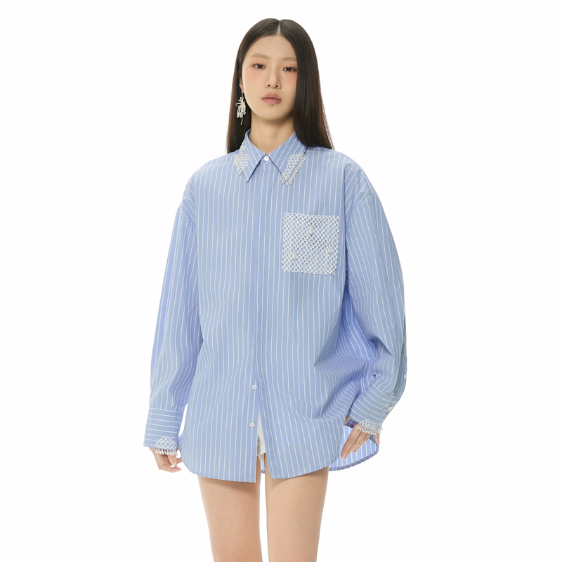 【Xu Song's Style】Stage Photo Fishbone Hand-Beaded Striped Shirt with Patchwork Fishnet Loose Long-Sleeve Shirt
