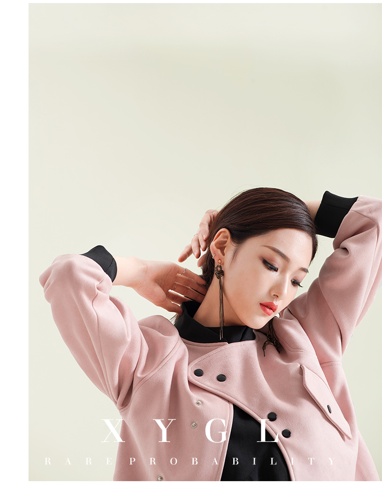 2018 đầu mùa thu mới thiết kế bất thường da lộn màu hồng áo khoác nữ ngắn bomber jacket đồng phục bóng chày couple tx áo khoác nữ