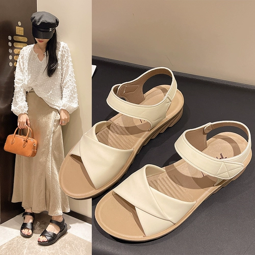 Сандалии для матери, летняя обувь, из натуральной кожи, против усталых ног, для среднего возраста, мягкая подошва