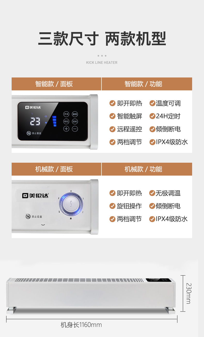 美伦达 家用踢脚线取暖器 电暖器 1600W 图12