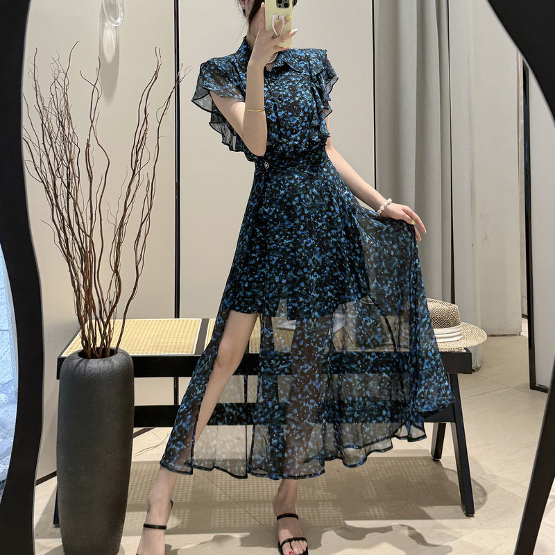 Elegant Flutter-Sleeve Floral Chiffon Dress for Women, 2026 Summer New Style, Ruffled Waist, Slimming Long Dress