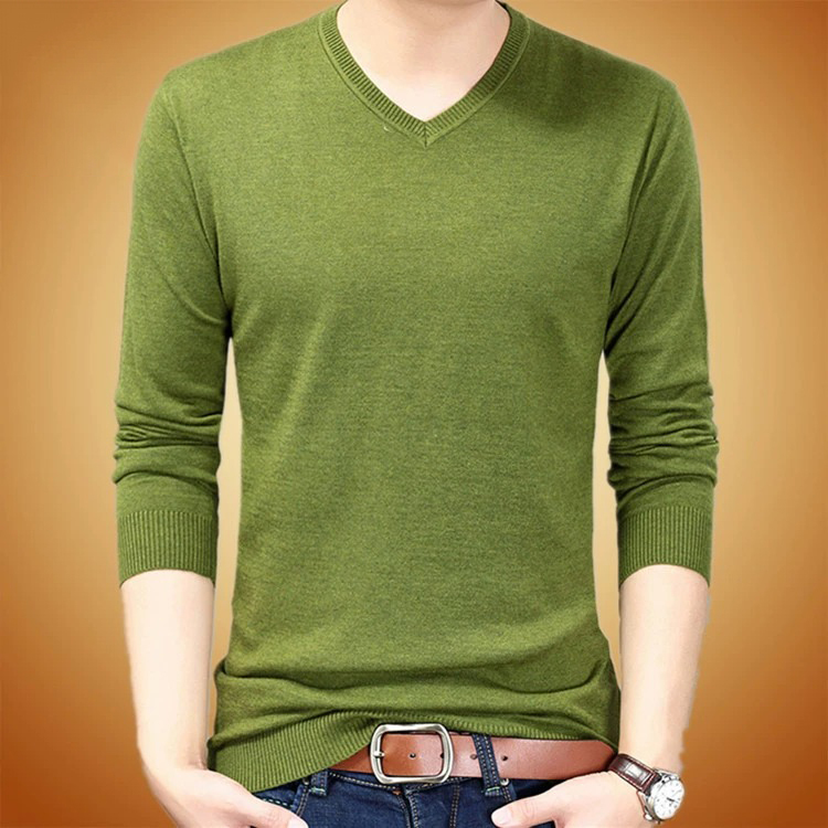 High-End Men's Autumn Long-Sleeved T-Shirt Pure Color V Neck Young Men's Bottoming Shirt Thin Casual Wool Knitted Sweater