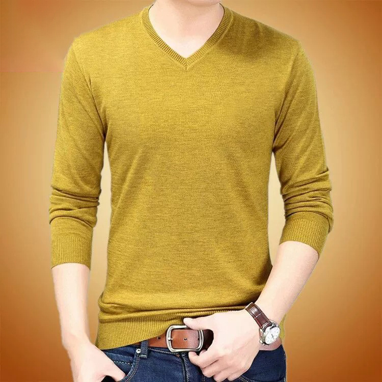 Casual Autumn Long-Sleeved T-Shirt for Men, Solid Color V-Neck Pullover, Thin Base Shirt, Casual Wool Knit Sweater