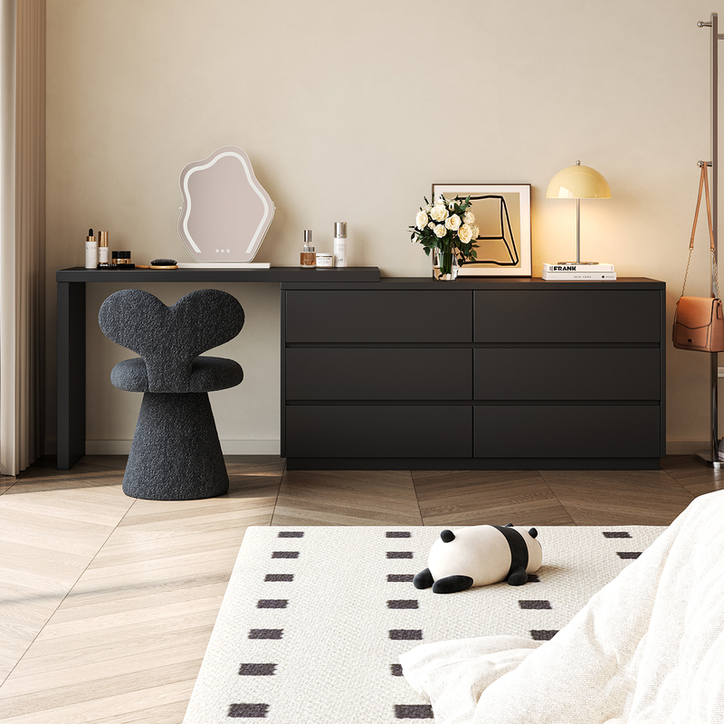 Solid Wood Dressing Table with Integrated Drawers, Bedroom Bedside Vanity Desk, Italian Minimalist Black Vintage Style Storage