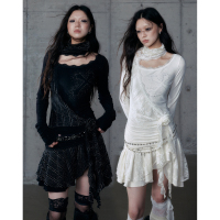 NO ROMANCE Retro Palace Pure Desire Fake Two Piece Stitched Lace Hot Diamond High Neck One Shoulder Dress