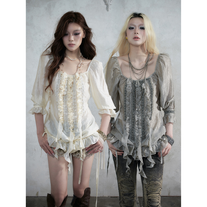 No Romance Retro Palace-Style Chiffon Acetate Ribbon Ruffled Puff Sleeve Three-Quarter Sleeve Dress Top No Romance Retro Palace-Style Chiffon Acetate Ribbon Ruffled Puff Sleeve Three-Quarter Sleeve Dress Top