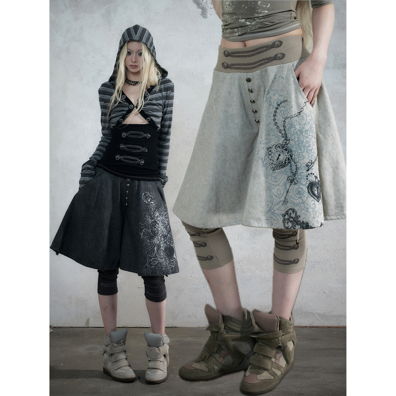No Romance Casual Punk Court Knight Style Faux Two-Piece Washed Print Wide-Leg Stretch Skirt Pants Cropped Pants No Romance Casual Punk Court Knight Style Faux Two-Piece Washed Print Wide-Leg Stretch Skirt Pants Cropped Pants