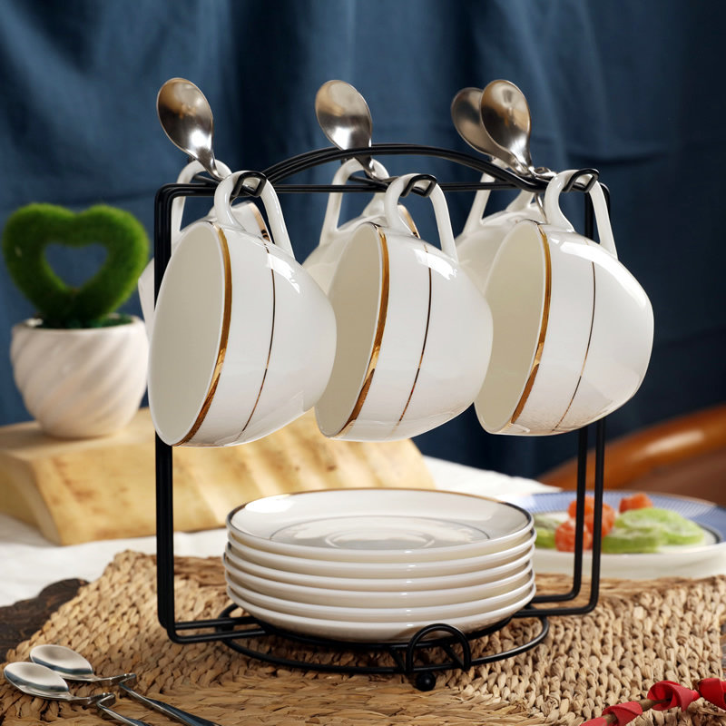 LONG's European style coffee cup suit mark cup minimalist ceramic tea set 6 cups bone porcelain coffee cup saucer with shelf