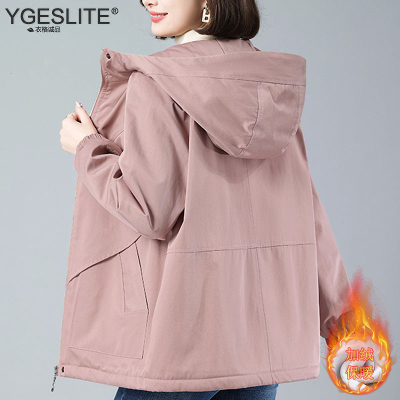 Fashionable Mother's Short Fleece-Lined Jacket for Women, 2026 Autumn and Winter New Style, Large Size, Loose, Casual, Thickened Hooded Trench Coat