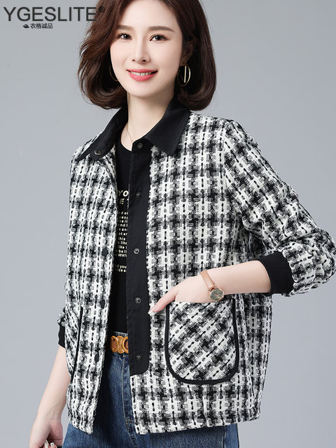 Fashionable Mom-Style Short Jacket for Women 2025 Spring and Autumn New Large Size Loose Trendy Age-Reducing Plaid Jacket