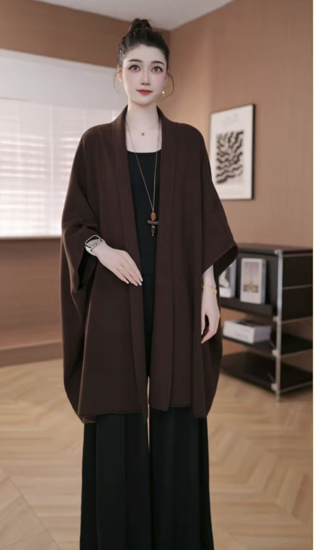Cape Shawl Cardigan 26 Autumn New Casual Simple Fashion Versatile Old Money Knit Mid-Length Coat Cape Shawl Cardigan 26 Autumn New Casual Simple Fashion Versatile Old Money Knit Mid-Length Coat