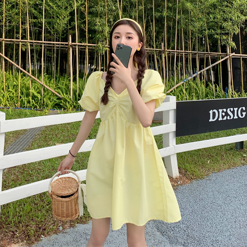 Yellowblue skirt female summer 2021 new pattern Sweet V-neck Close your waist Show thin Bomb Street Age reduction Bubbles Short sleeve Dress