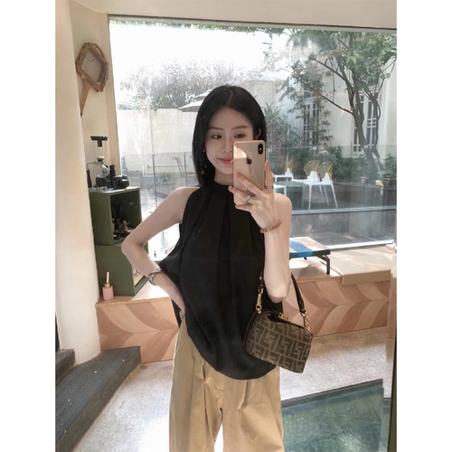 Летняя модная дизайнерская синяя рубашка без рукавов с круглым воротником, тренд сезона