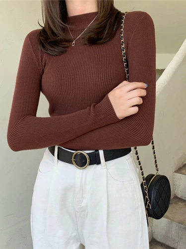 Приятный телу трикотажный свитер, лонгслив, осенний, 2024 года, высокий воротник, в обтяжку