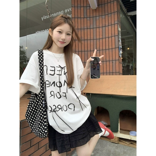 Летняя черная футболка с коротким рукавом с бантиком для отдыха, в корейском стиле, оверсайз