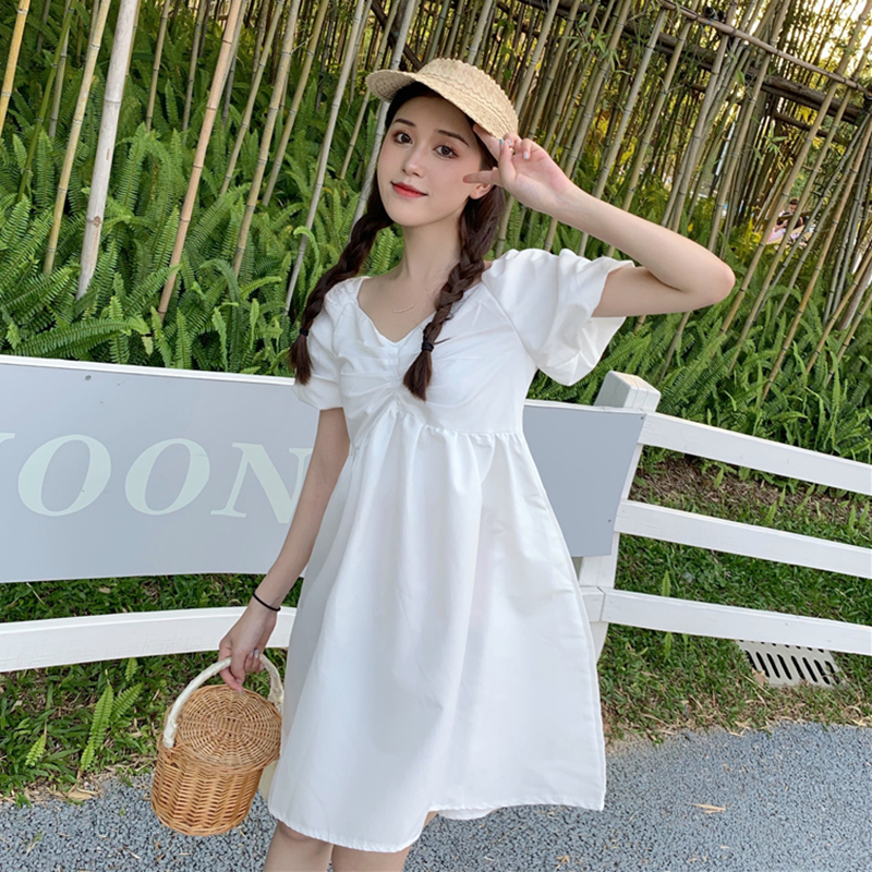 Whiteblue skirt female summer 2021 new pattern Sweet V-neck Close your waist Show thin Bomb Street Age reduction Bubbles Short sleeve Dress