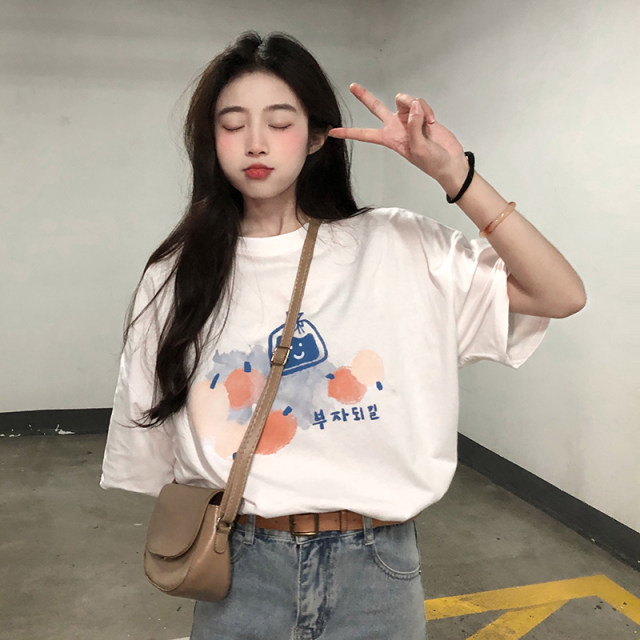 Short-sleeved T-shirt women's spring 2022 new fashion Western style loose round neck pullover printing bottoming shirt top ins tide