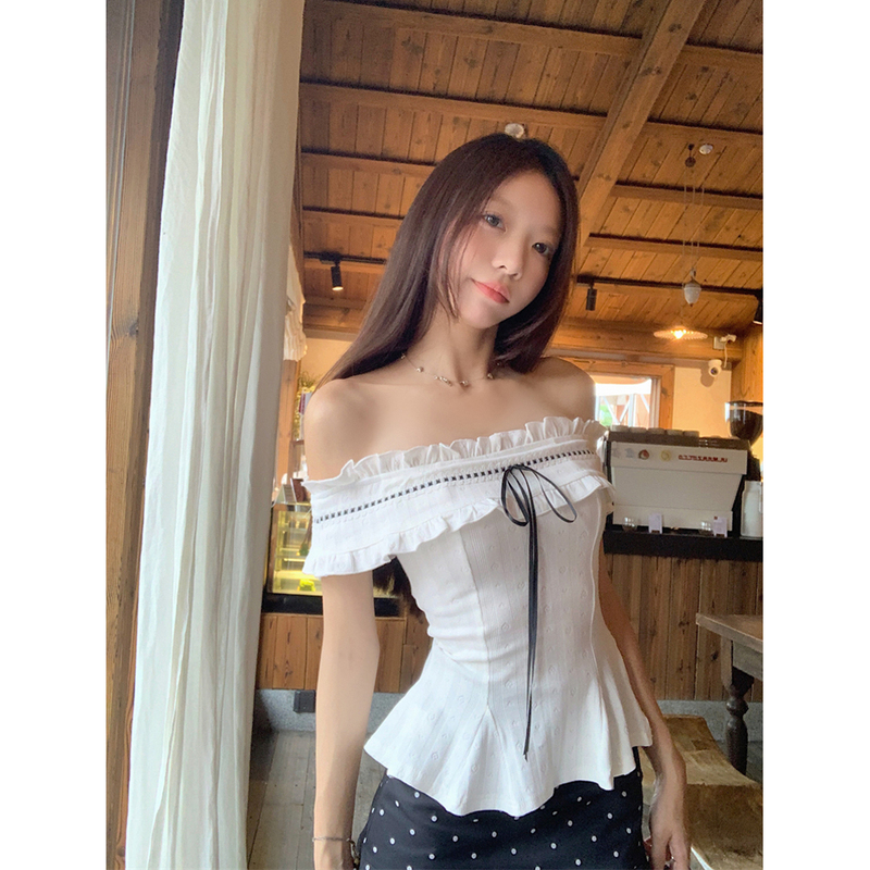 Coco Li~ French-Style Off-Shoulder Shirt for Women, Summer Vintage Design with Ruffled Edges, Slim Fit, Tie-Up Top