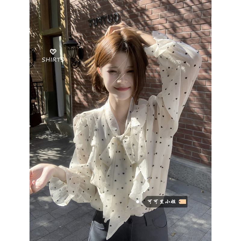 Miss Coco Ruffled Polka Dot Long-Sleeved Sun Protection Shirt Summer Loose Korean Style Bow Tie Top for Women