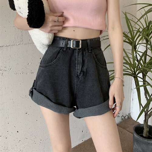 Джинсовая юбка, шорты, приталенные черные штаны, в корейском стиле, высокая талия, А-силуэт