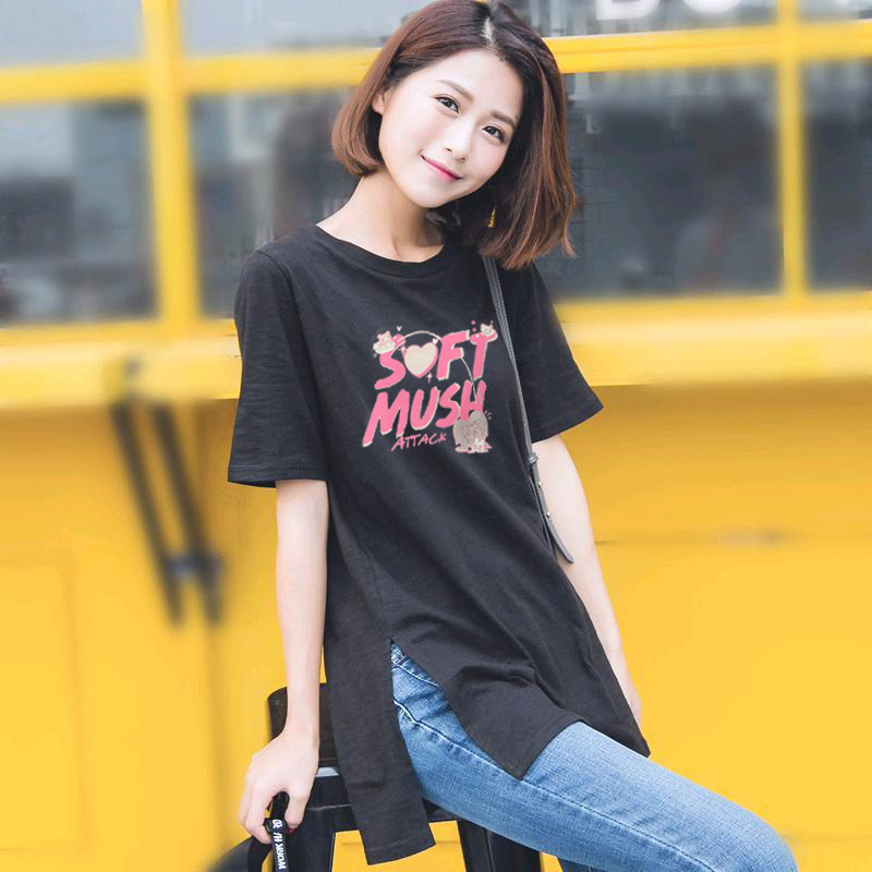 Pure Cotton Black Short-Sleeved T-Shirt for Women, Loose and Lazy Style, I2025 New Summer Mid-Length Top with Slits on Both Sides of the Hem