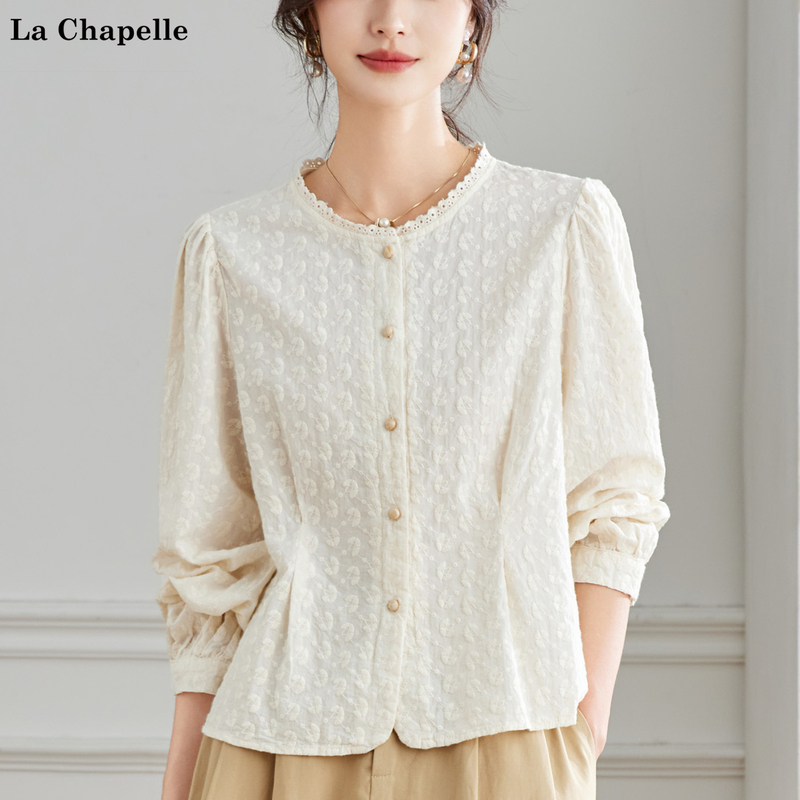 La Chapelle Pure Cotton Lace Trim Long-Sleeve Shirt for Women, 2026 Spring and Autumn New Style, All-Cotton Stylish Women's Top